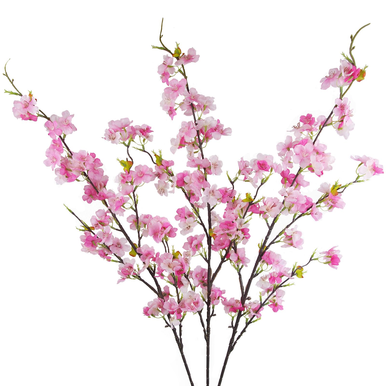 CISDUEO 3 Pcs Artificial Cherry Blossom Flower Silk Peach Flowers Bulk Plum Blossom Flowers with Leaves Cherry Blossom Branches Vase Arrangements for Spring Wedding Indoor Outdoor DIY Party Decor Pink