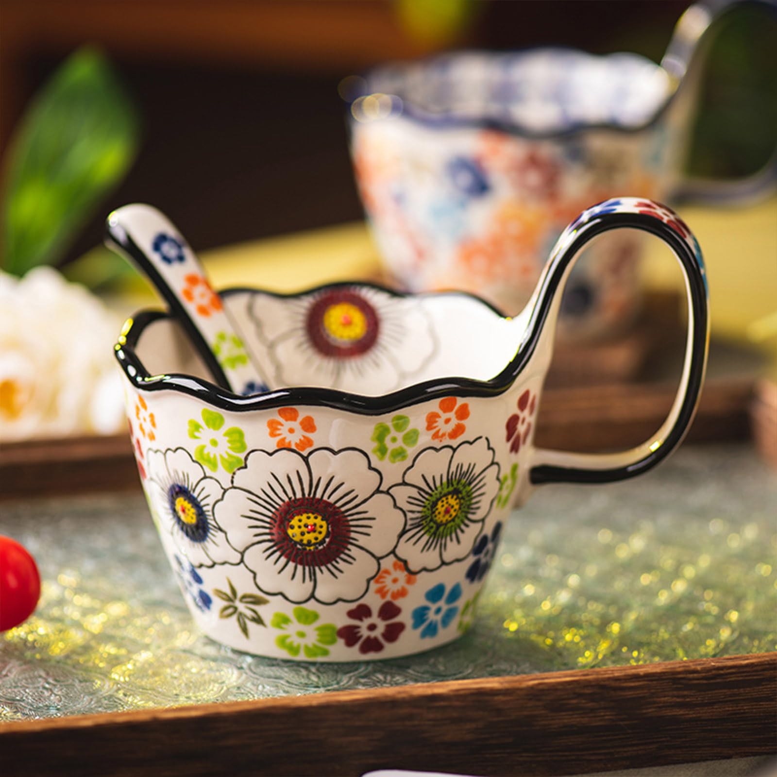 Ciotola da zuppa in ceramica, ciotola per microonde, piccola tazza da 400 ml (Flower-D, 400 ml)