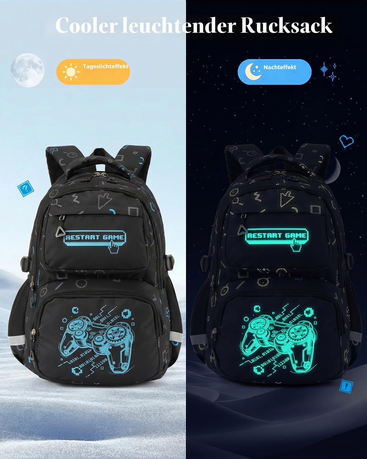 Amythe Schulranzen Jungen 1. bis 4. Klasse Reflektierend, Spielkonsole | Nachtleuchtend Wasserdicht Laptopfach Leicht Spielkonsole Daypack Multitasche Geräumig Robust für Schule Reisen Wandern