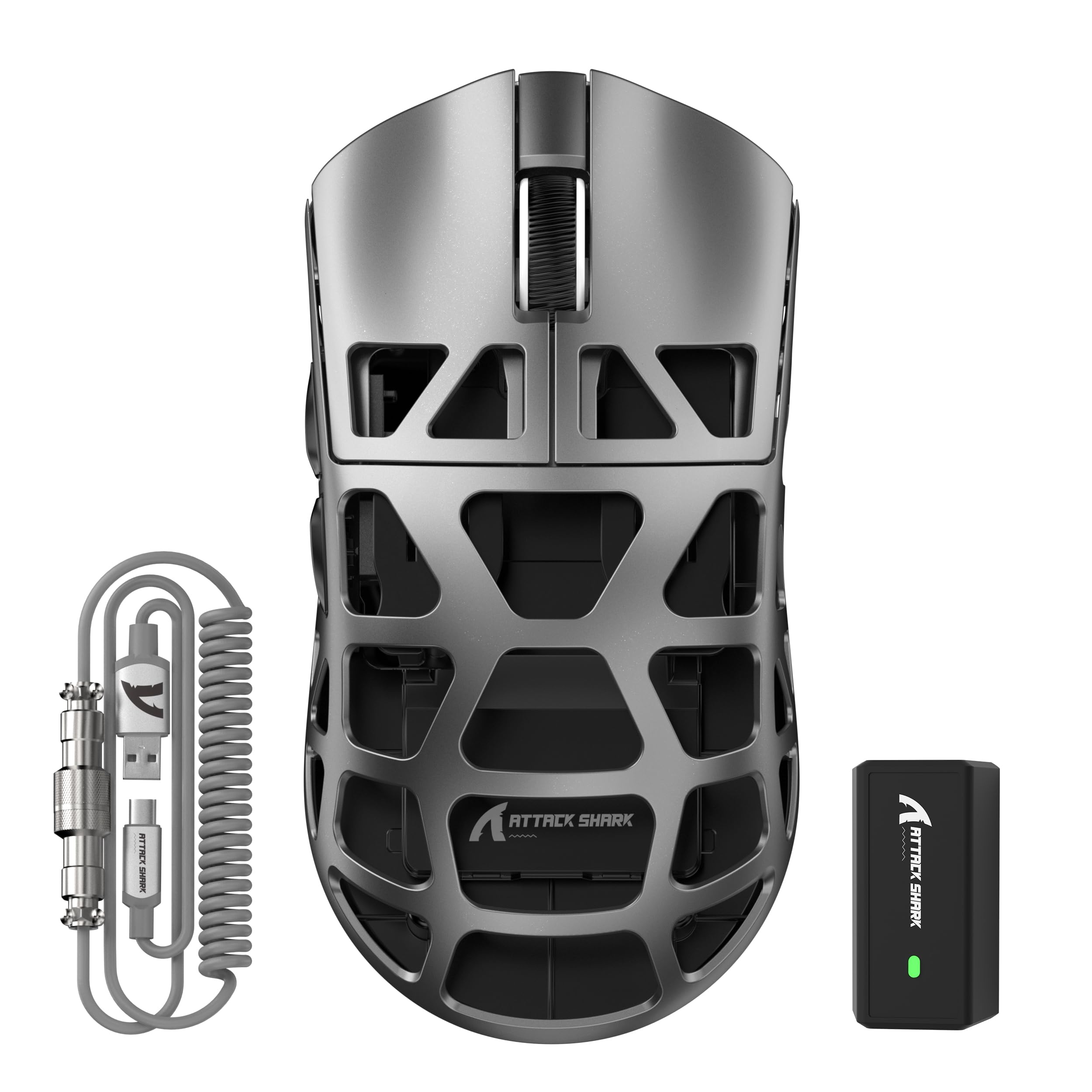 x Attack Shark R3 Wireless Gaming Mouse,PAW3395 26K DPI 8KHz Polling Rate,Magnesium Alloy 46g Ultralight,Programmable Tri-Mode BT/2.4G/Wired Computer Mice with Coiled Cable - Silver