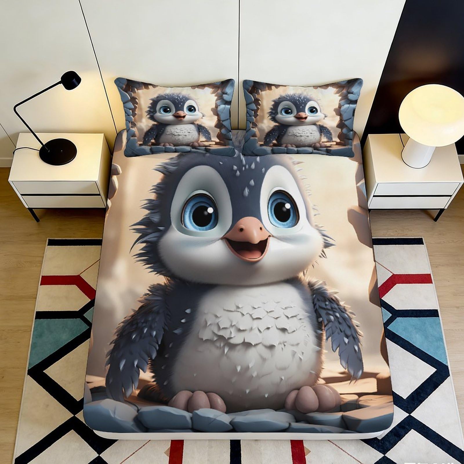 3D Printed Cute Penguin Fitted Sheet Microfiber Soft Breathable Cartoon Bird Bed Cover for Bedroom Dormitory Guest Room Mattress Protection 140x200x25cm