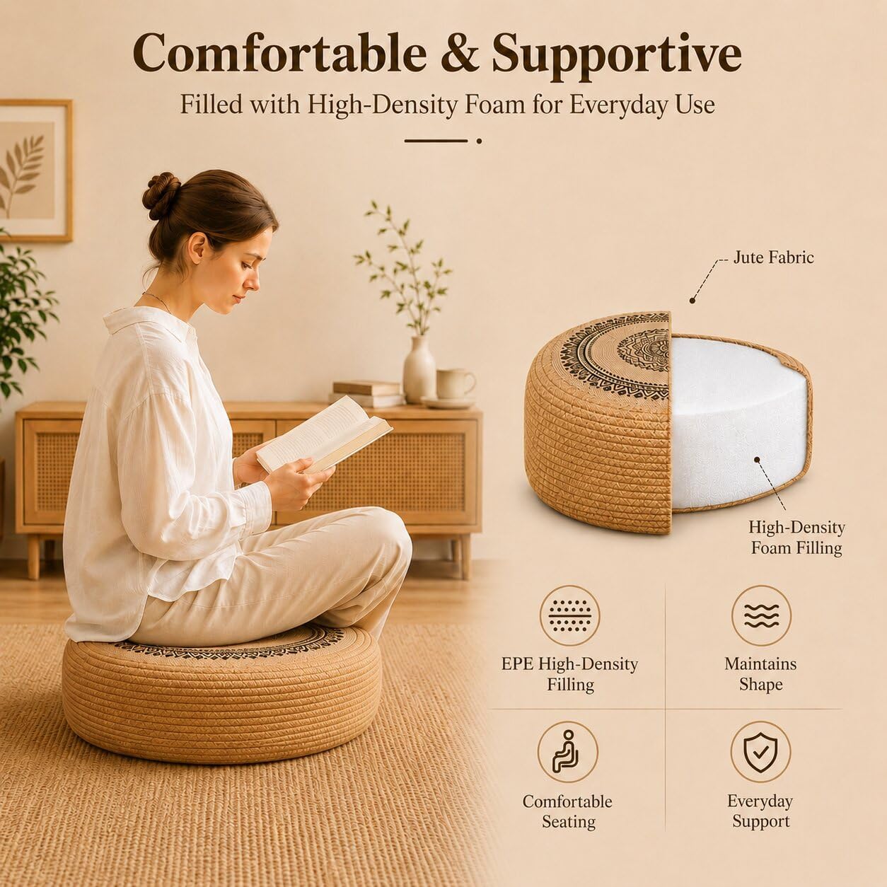 Handwoven Jute Pouf Ottoman, Natural Meditation Cushion