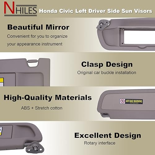 Miniatura 2 de NHILES Visera solar lateral izquierda y derecha bronceada compatible con Honda Civic 2006 2007 2008 2009 2010 2011 Reemplazo # 83230-SNA-A01ZE