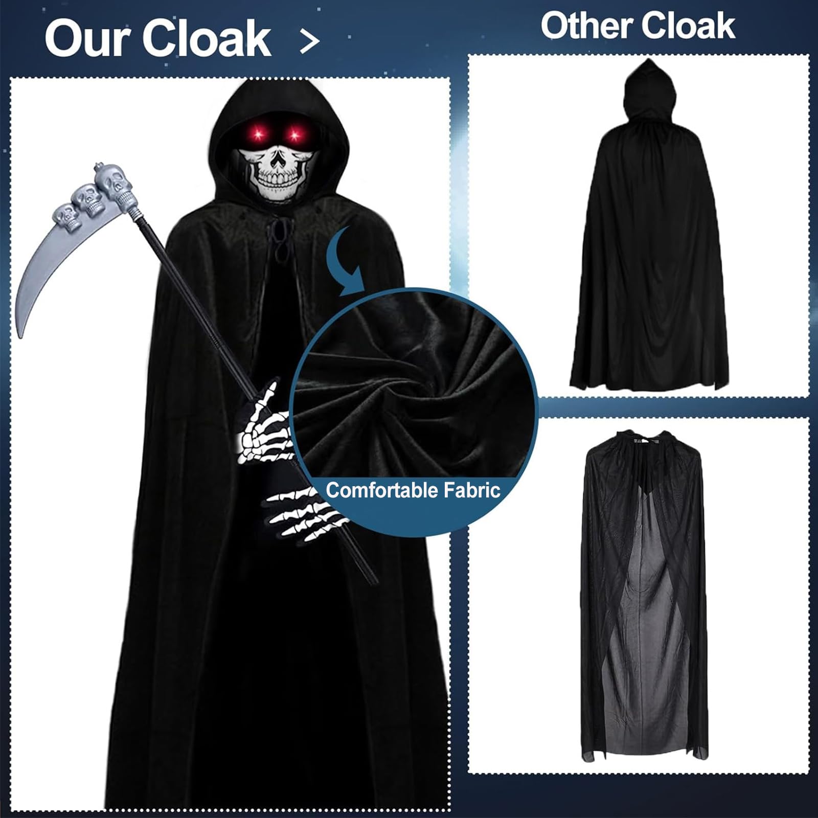 ATOWORLD Halloween Grim Reaper Costume Kids Boys 5-6 6-7 Skeleton Kids Girls Grim Reaper Cloak Black Halloween Scythe Grim Reaper Cape Scream Costume Mask Gloves Grim Reaper Outfit Skeleton Necklace - Image 3