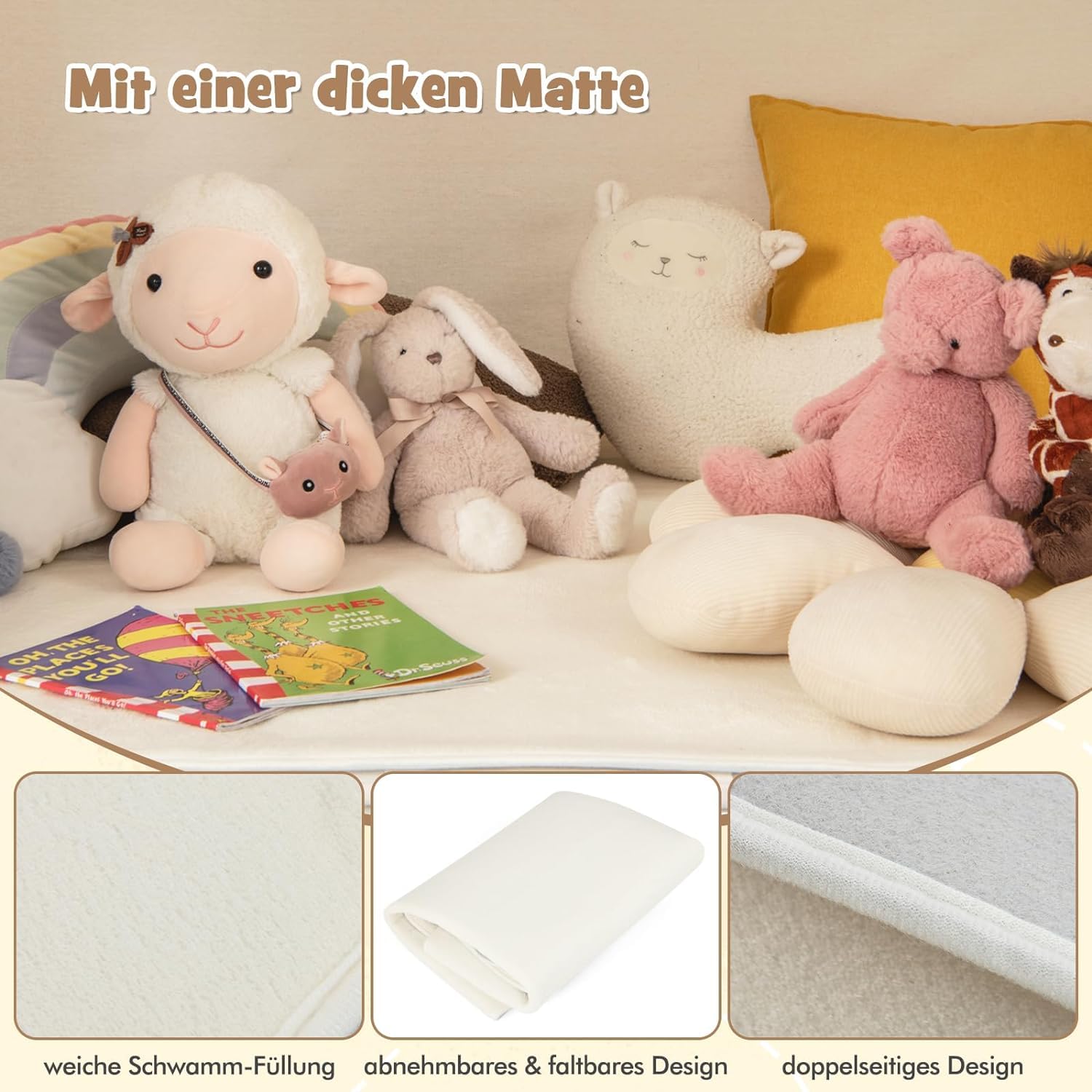DREAMADE Kinderzelt für Drinnen mit Matte und Lichtern und Flaggenbanner, Kinder Spielhaus Indoor, Tipi Zelt, Spielzelt für Kinder ab 3 Jahren für Kinderzimmer Spielzimmer (Beige)