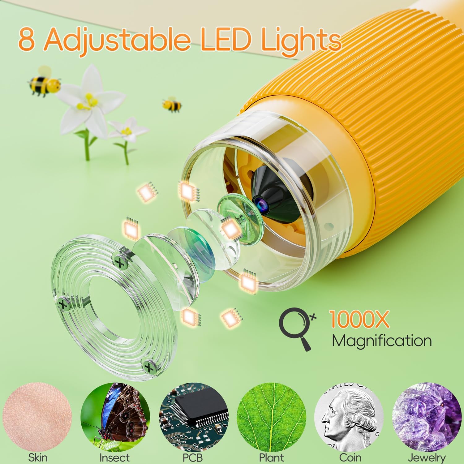 SGAINUL Microscopio Digital para Niños con Pantalla IPS de 2.0'', Recargable 1000x, Electrónico con 8 Luces LED - Regalo para Cumpleaños/Navidad/Año Nuevo（Naranja）