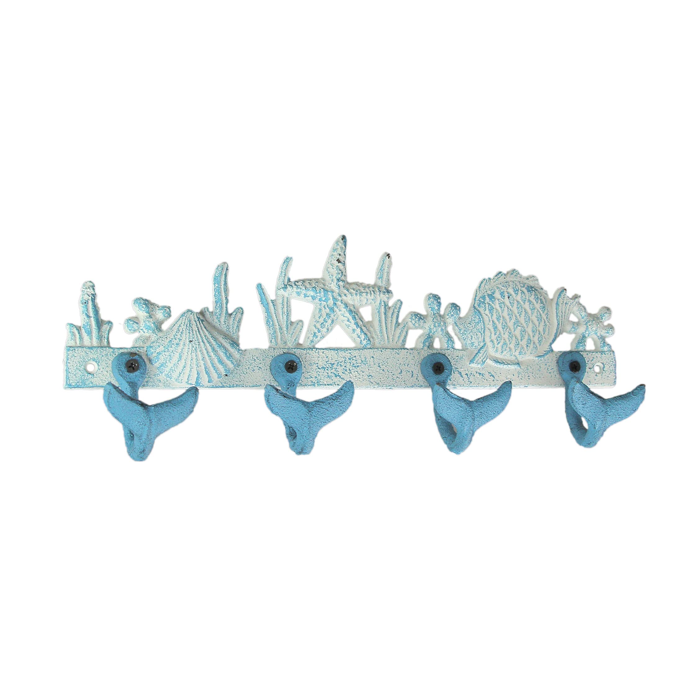 ZeckosBlue and White Cast Iron Whale Tail Decorative Wall Hook Nautical Décor Sea Life Hanging Rack -15.5 Inches Long - Easy Install - Add Coastal Charm to Your Space