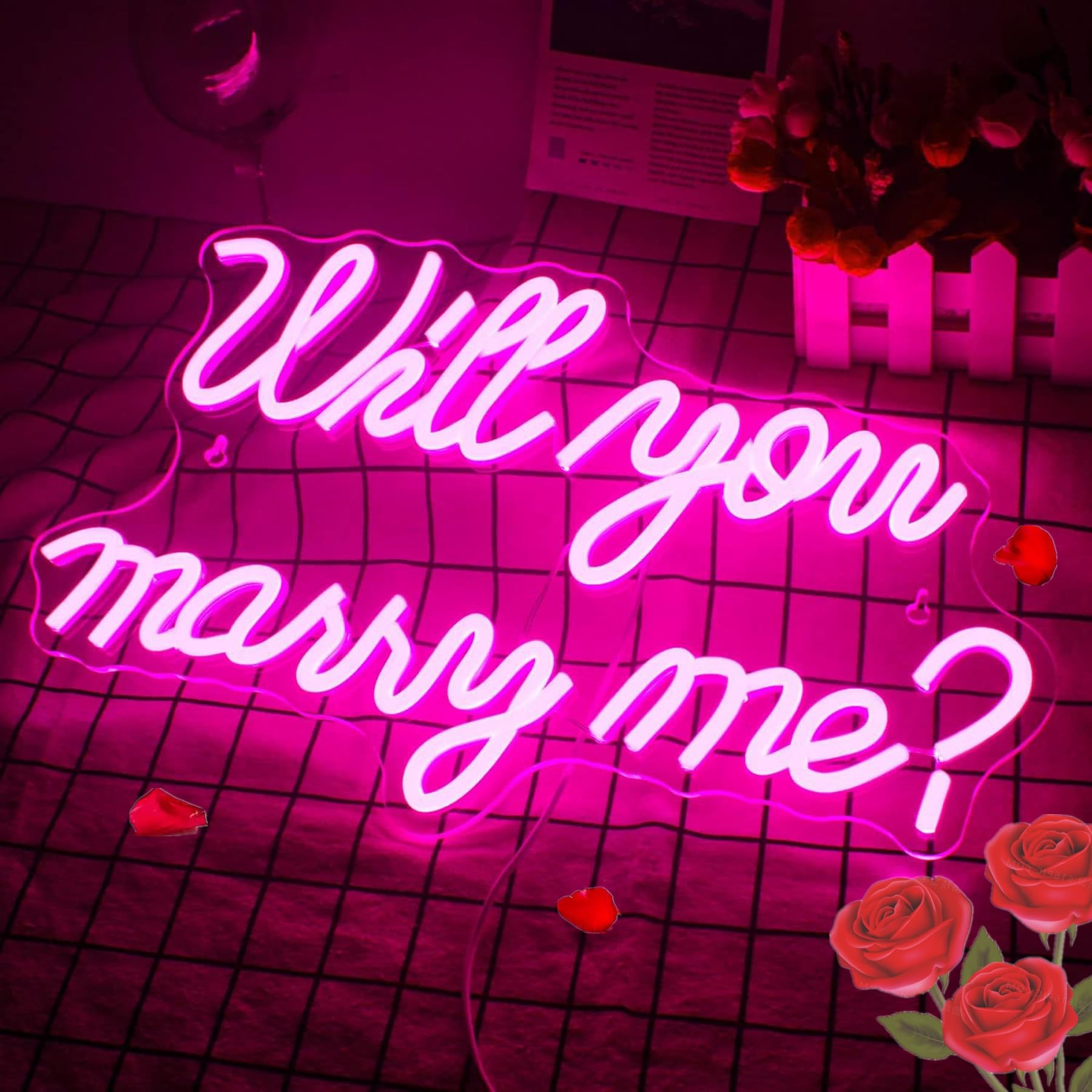 Neon Will You Marry Me Sign for Valentine Proposal Party Wedding Wall Decor,LED Dimmable Large Neon Night Light USB Powered for Girlfriend fiancée,16.5x10in(Pink) — image 1