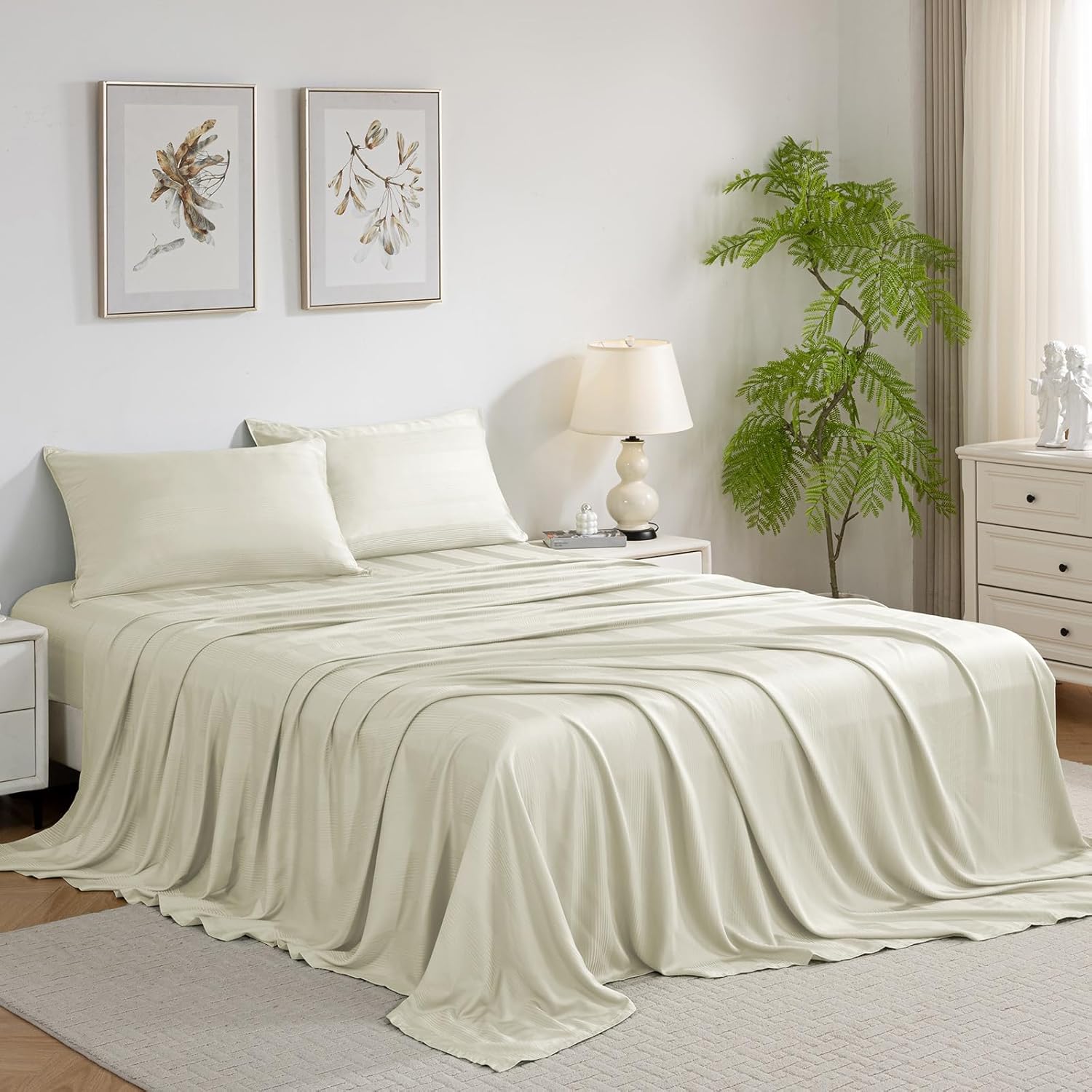 IKIFLY Queen Size Sheet Set, Striped Jacquard Ultra Soft Cooling Sheets, 16" Deep Pocket, Breathable & Wrinkle Resistance, 4 Piece Hotel Luxury Silky Bed Sheets & Pillowcases, Beige