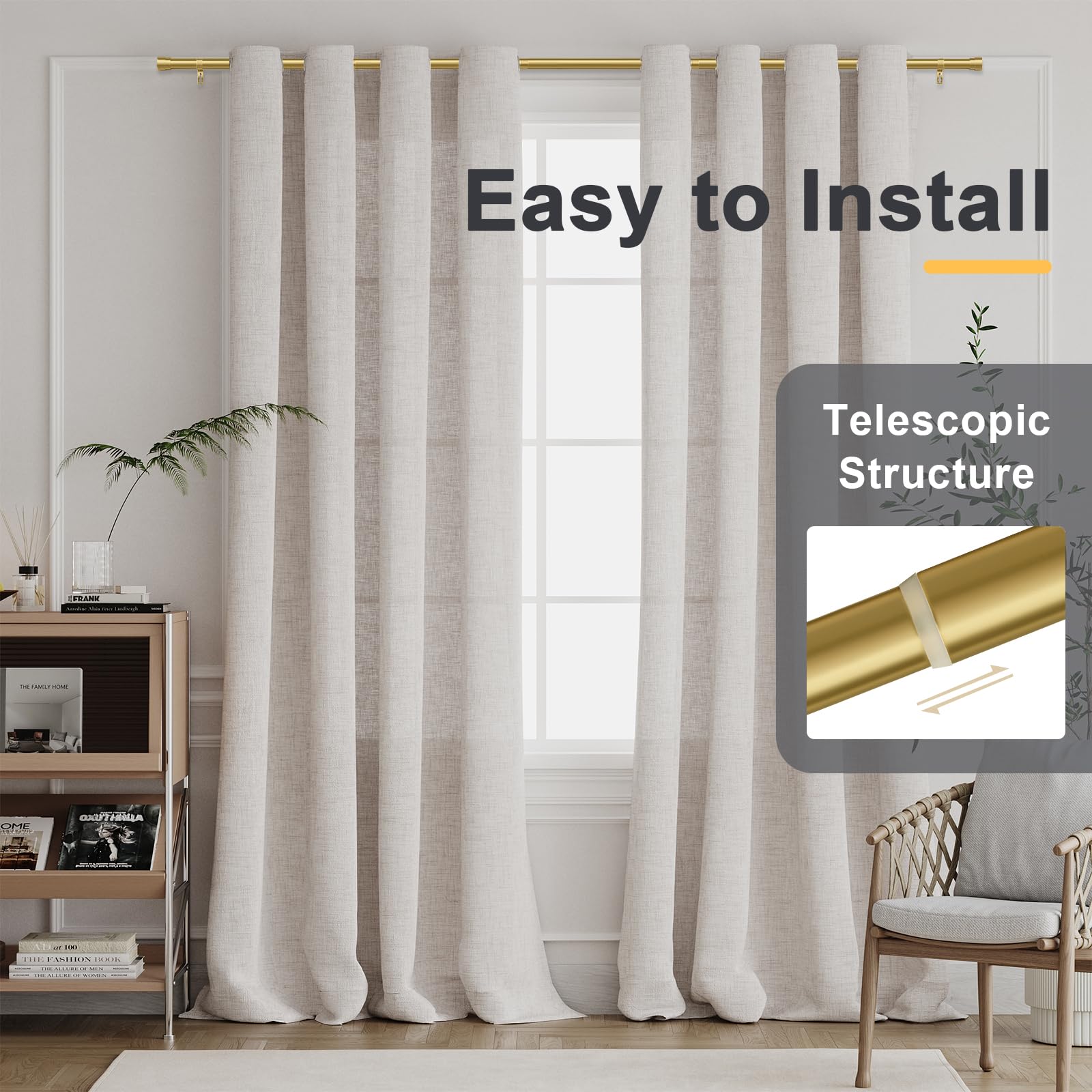 BellaHills 25mm Curtain Poles for Eyelet Curtains Adjustable Curtain Rod with Metal Finials 76 to 230 cm Window Curtain Pole with Brackets Fittings Set for Living Room Bedroom Gold - Image 3
