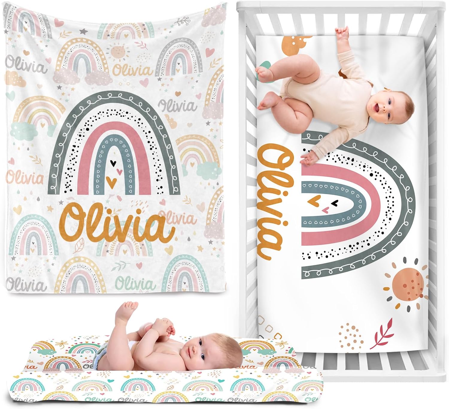 Personalized Boy Crib Bedding Set for Infant Baby: Custom Name Nursery Decor Boho Rainbow Baby Blanket Fitted Crib Sheet Changing Pad Cover 3 Pcs(Fixed Size)