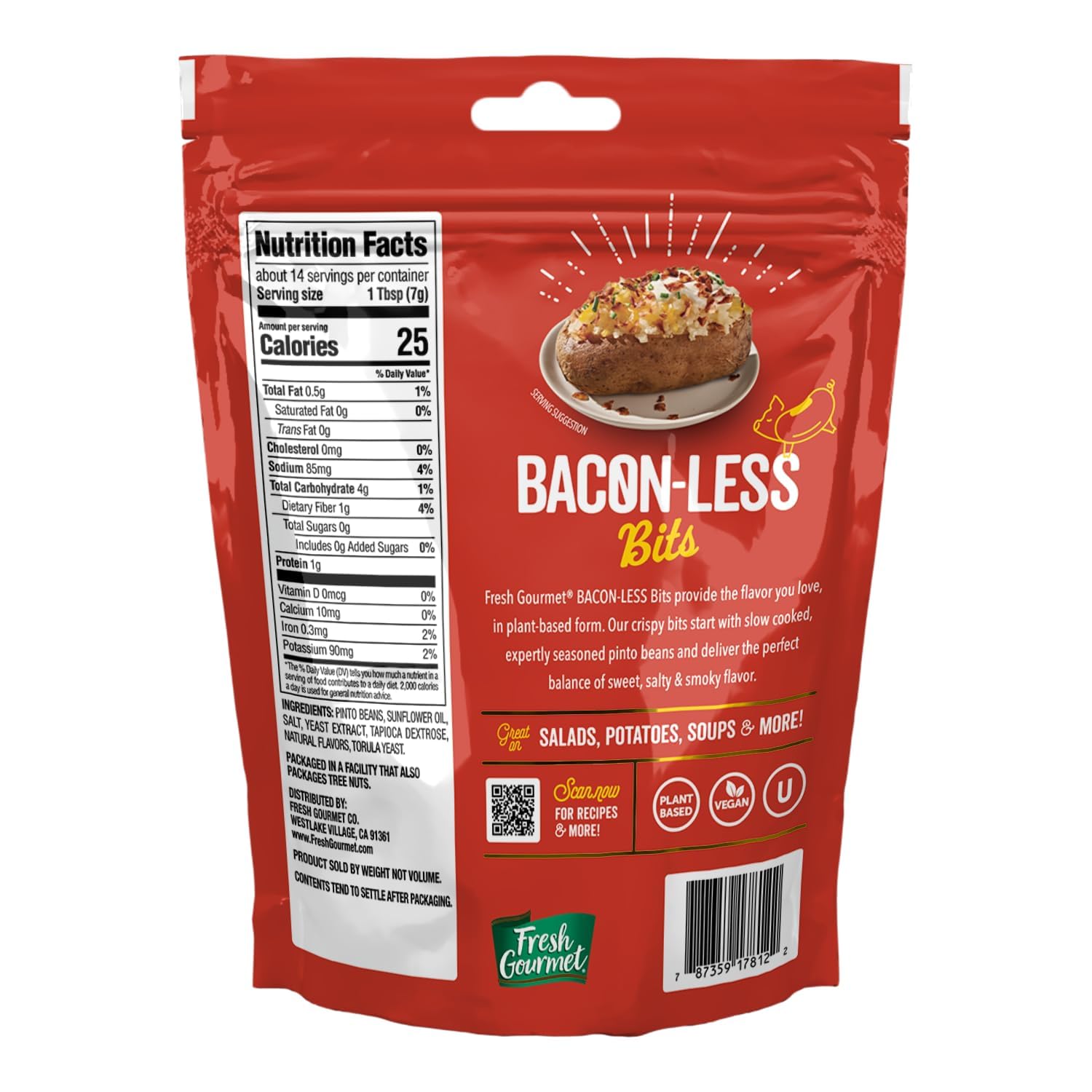 Fresh Gourmet Vegan Bacon-Less Bits - 3.5 oz Plant-Based Topping for Salads, Potatoes, Soups, and More Soy-Free, Kosher, and Smoky Flavor, Resealable Pouch (Pack of 8)
