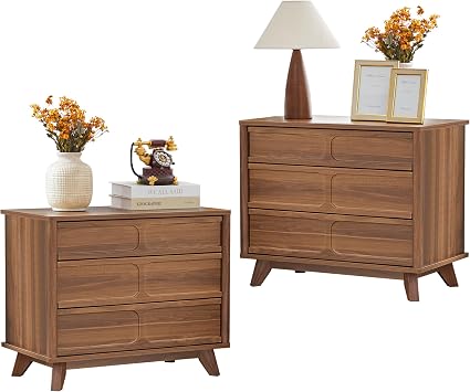 Bifins 3 Drawer Dresser for Bedroom, Mid Century Modern Chest of Drawers, Wood Wide Nightstand Set of 2 for Bedroom Living Room Walnut 2PCS