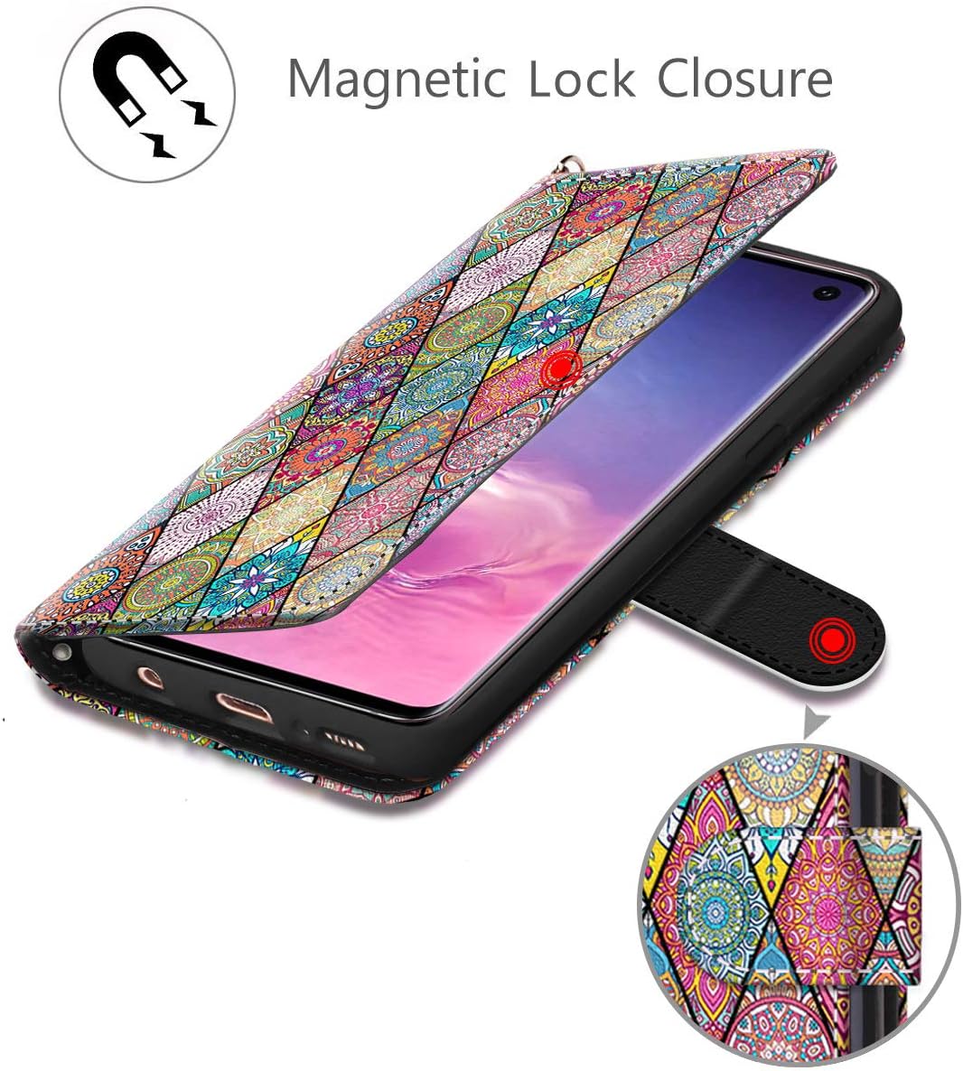 Hocase Galaxy S10 Case, PU Leather Full Body Protective Phone Case with Credit Card Holders, Wrist Strap, Magnetic Closure for Samsung Galaxy S10 (6.1-inch) 2019 SM-G973 - Mandala Flowers