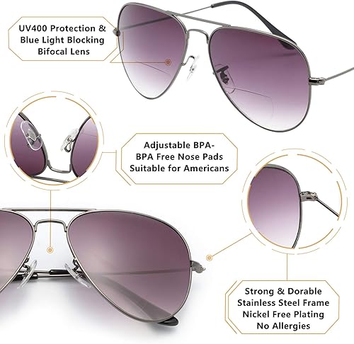 Miniatura 5 de LianSan Gafas de sol de lectura para exteriores, lentes bifocales de metal marrón y gris degradado para hombres y mujeres, lentes grises con montura