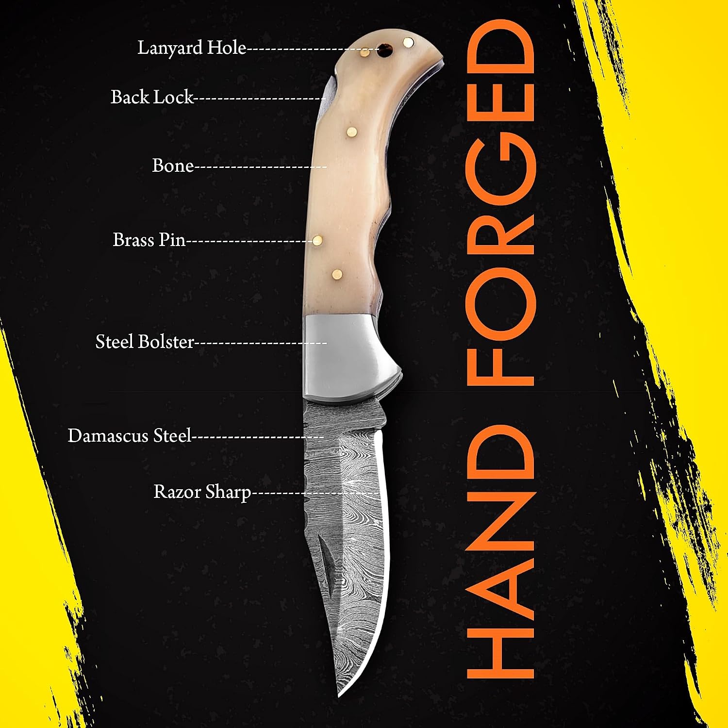 6.5 Inch Handmade Damascus Folding Knife for Men with Camel Bone Handle – Back Lock Utility Knife with Leather Sheath for Camping, Hiking & Outdoor Use