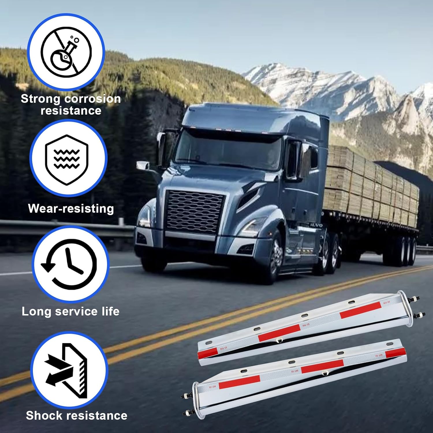 Mud Flap Hanger Set Carbon Steel Chromed Finish, 30" Length Rear Bar for Semi Trucks, 1-1/8" - 2.5" Bolt Spacing Spring Loaded Straight Mud with Reflective Tapes (2.0" Bolt)