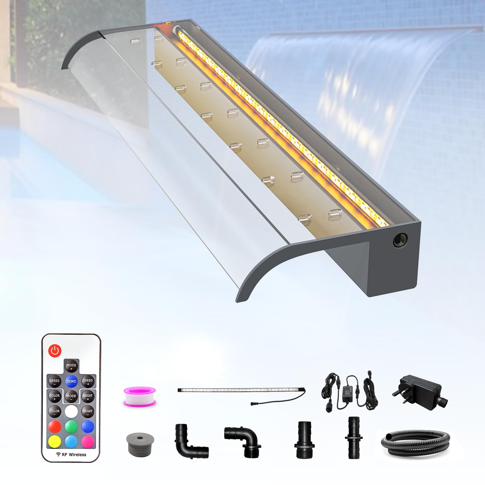 LONGRUN 90cm Pond Waterfall Blade Kit, Acrylic Curved Waterfall Feature Spillway, Outdoor Pool Fountain with 7 Colors LED Lights and Remote Control