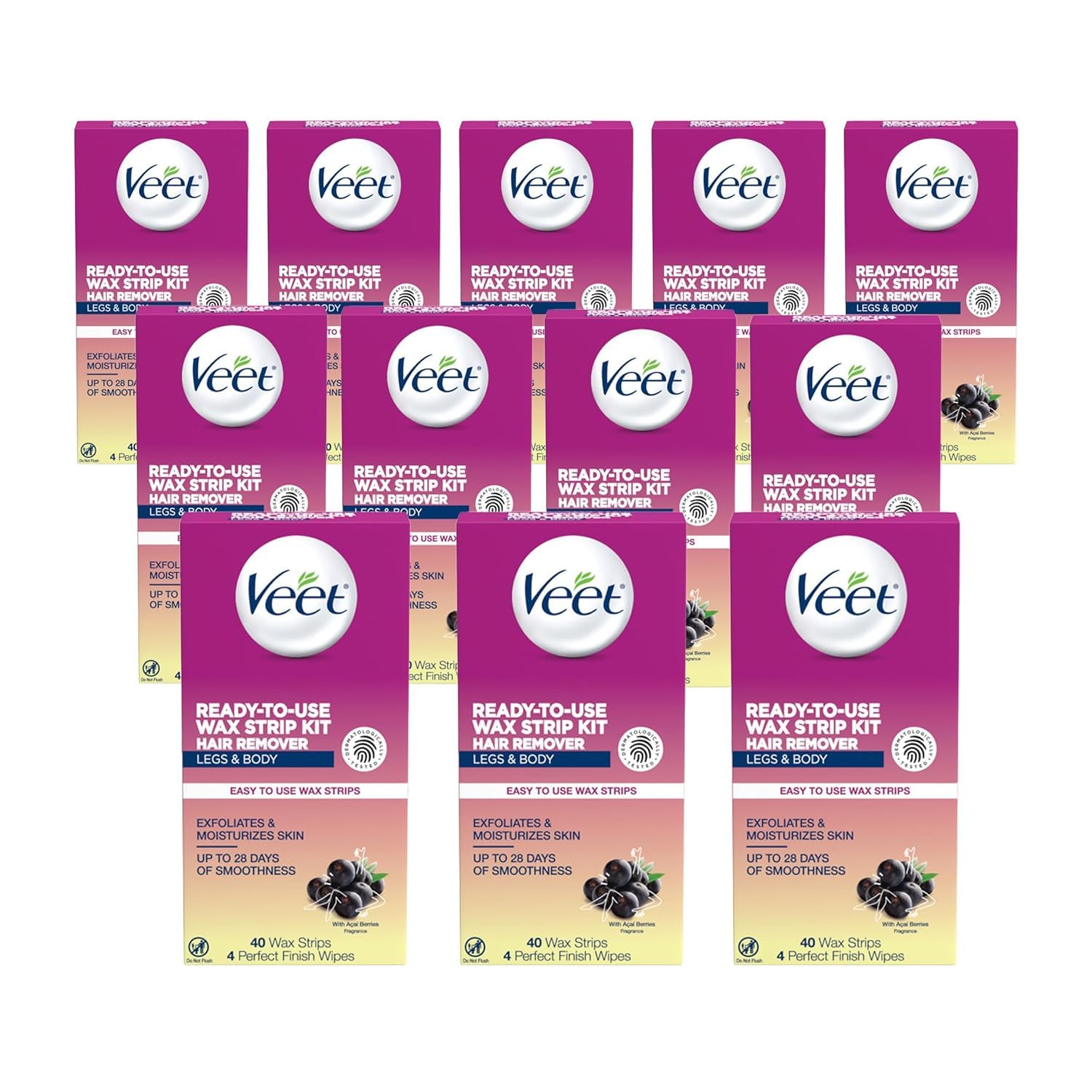 Veet Ready-to-Use Dermatologically Tested 40 Count Hair Remover Wax Strip Kit for Legs & Body (12 Pack)