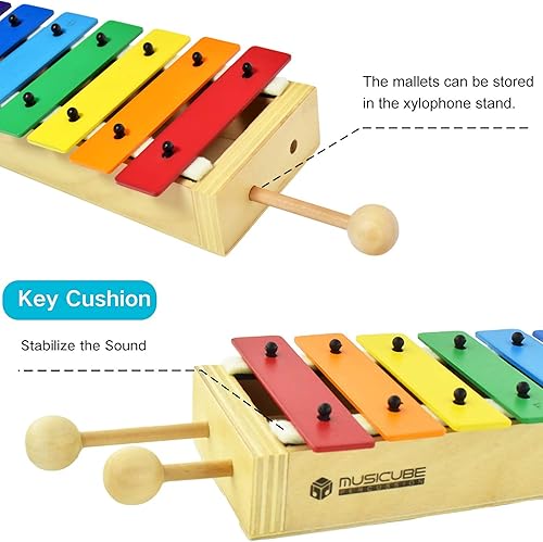 Miniatura 10 de MUSICUBE Xilófono para niños, xilófono de madera con mazos, instrumento de música Orff para educación preescolar, kit de percusión para bebés,
