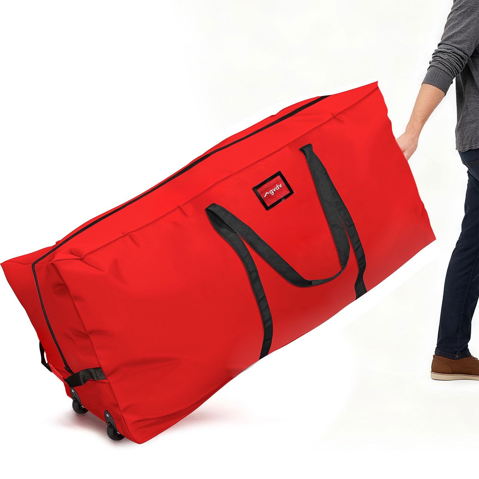 GVDV Rolling Christmas Tree Storage Bag Fits 7.5 Ft Artificial Trees, 600D Oxford Waterproof Heavy Duty Canvas, Large Holiday Xmas Box Container with Wheels, Reinforced Handles & ID Slot, Red