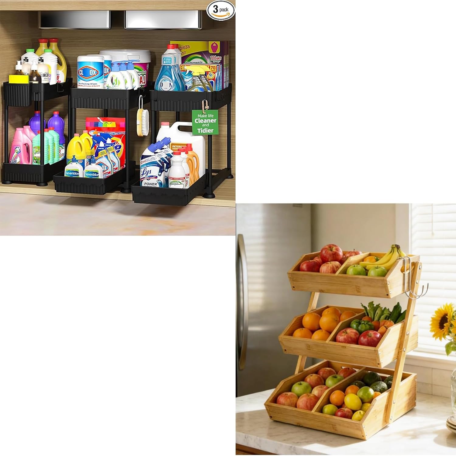 3 Tier Wooden Fruit Basket with 2 Mobile Banana Holders, Height Adjustable 2 Packs Under Sink Organizer