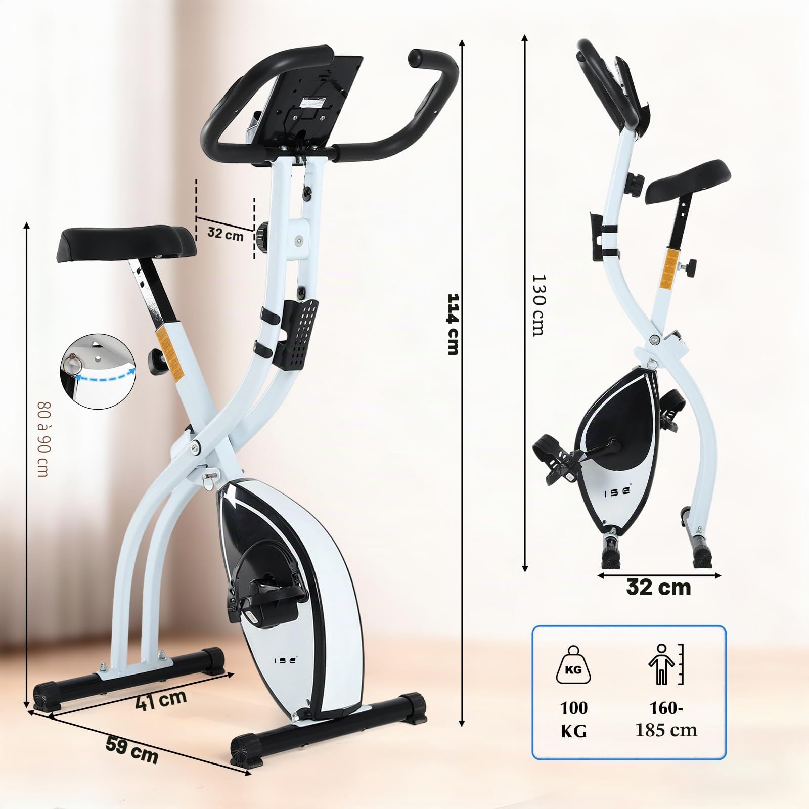 ISE Mini Vélo d'Appartement Pliable, 8 Niveaux Résistance Magnétique, Ecran LCD, Capteur de Fréquence Cardiaque, Blanc