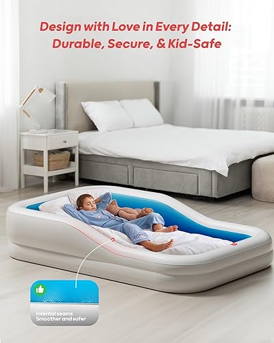 Miniatura 19 de QPAU Cama inflable de viaje para niños pequeños con parachoques de seguridad de 3 lados, colchón de aire extra grande para niños, incluye colchón