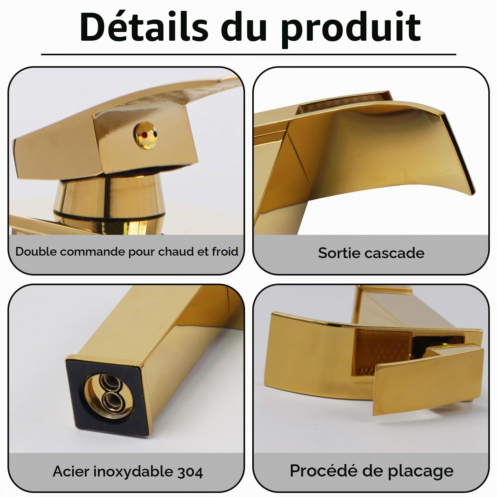 Robinet Salle Bain Robinet Cascade Lavabo en Acier Inoxydable Or | avec Corps en Céramique Pas de Bruit Mitigeur Lavabo Monocommande Chaud et Froid à Double Commande Economies D'eau Chromé Or