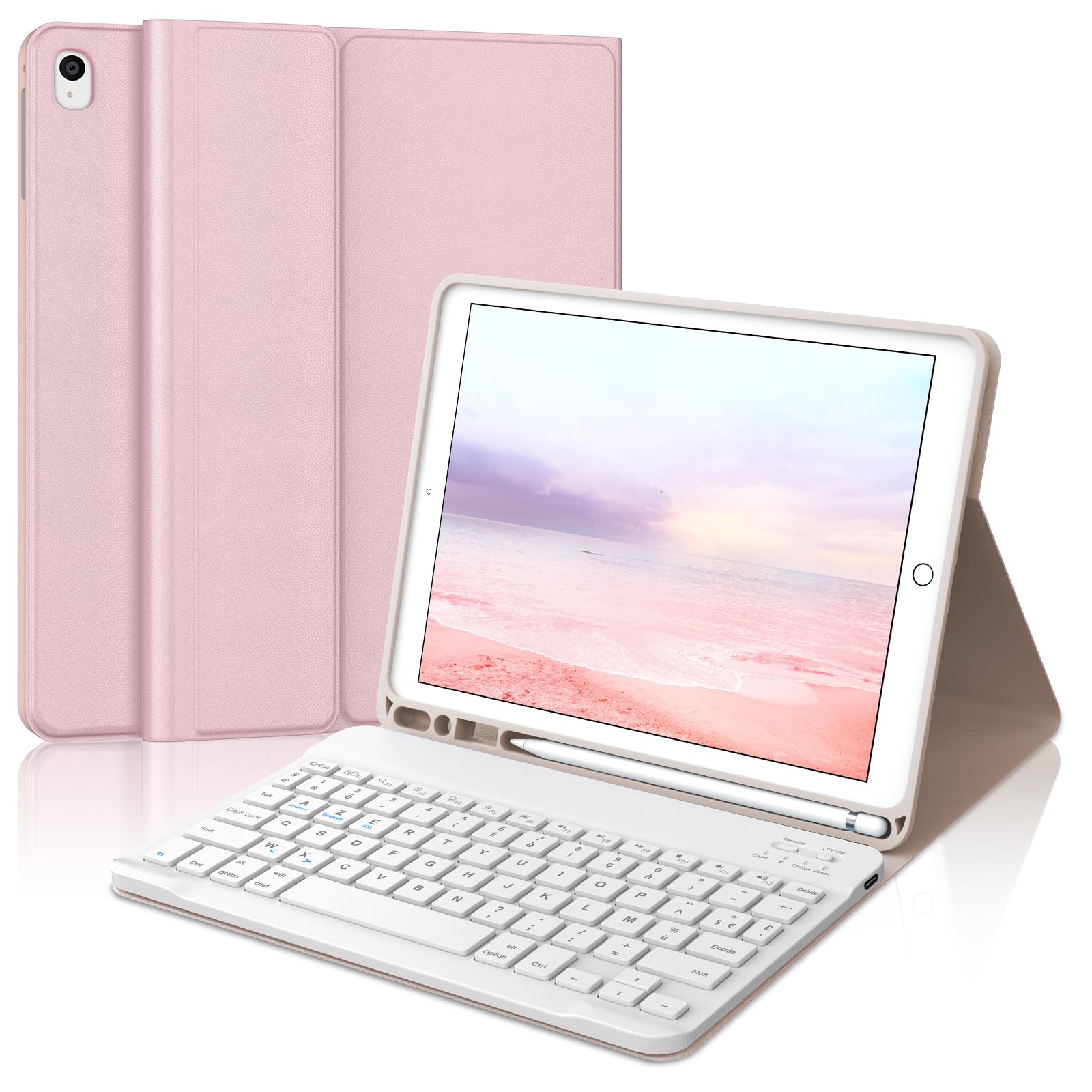 Funda teclado para iPad 9e/8e/7e Generation 10,2 pulgadas, AZERTY francés funda teclado Bluetooth desmontable con soporte para iPad 2021/2020/2019 10.2"/Air 3 2019/iPad Pro 10.5 2017, rosa