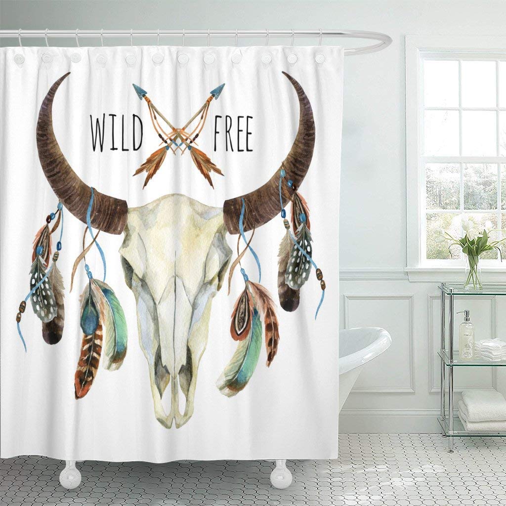 Abaysto Colorful Boho Cow Skull Animal with Feathers Buffalo White Wild and Free Design Watercolor Hand Deer Polyester Fabric Shower Curtain Sets with Hooks Waterproof Mildew Bathroom Decor