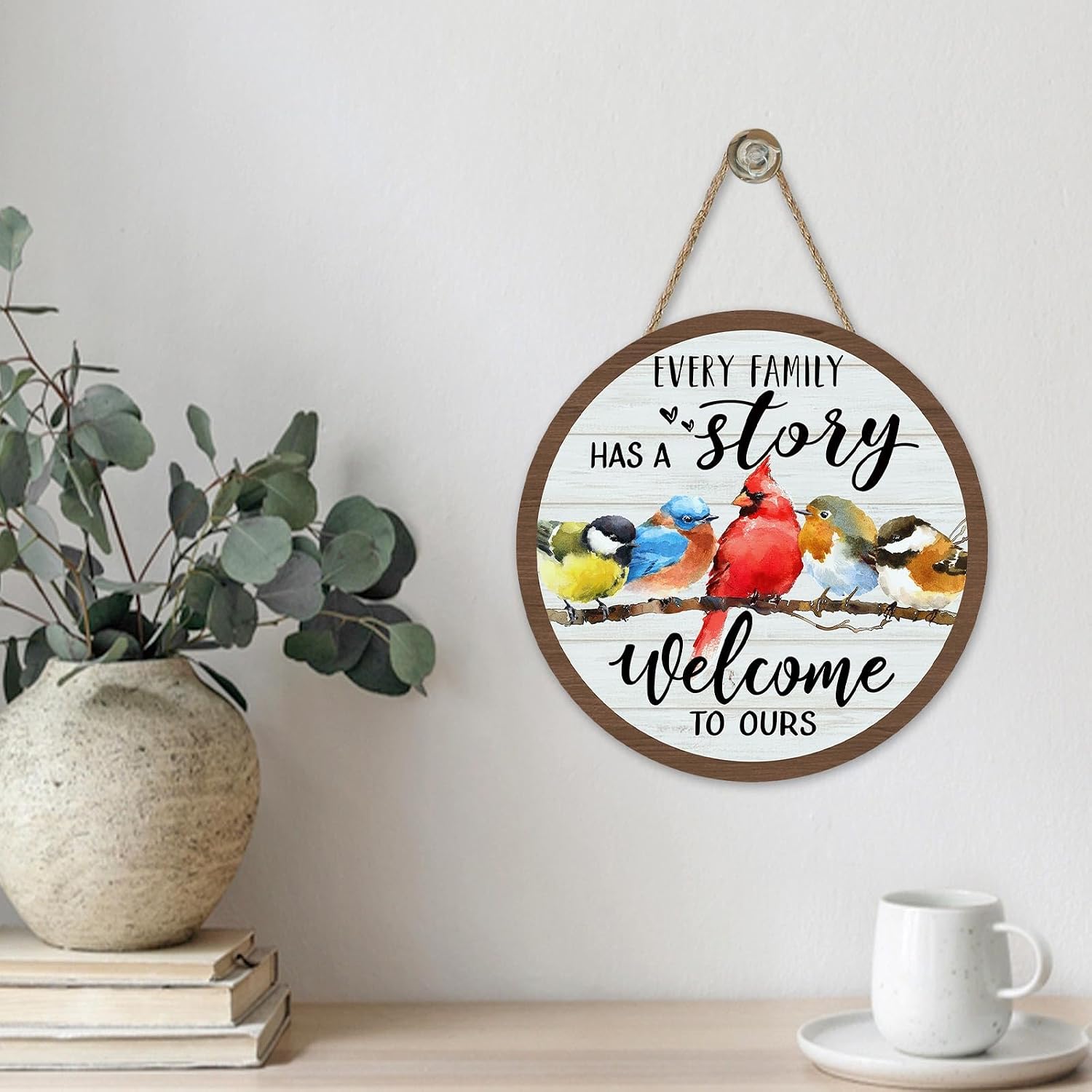 Every Family Has A Story Welcome to Ours Birds Front Door Sign, Watercolor Cardinal Bluebird Robin Chickadee Wood Plaque Hanger Home Decor, Farmhouse Wooden Wreath Wall Hanging Decoration