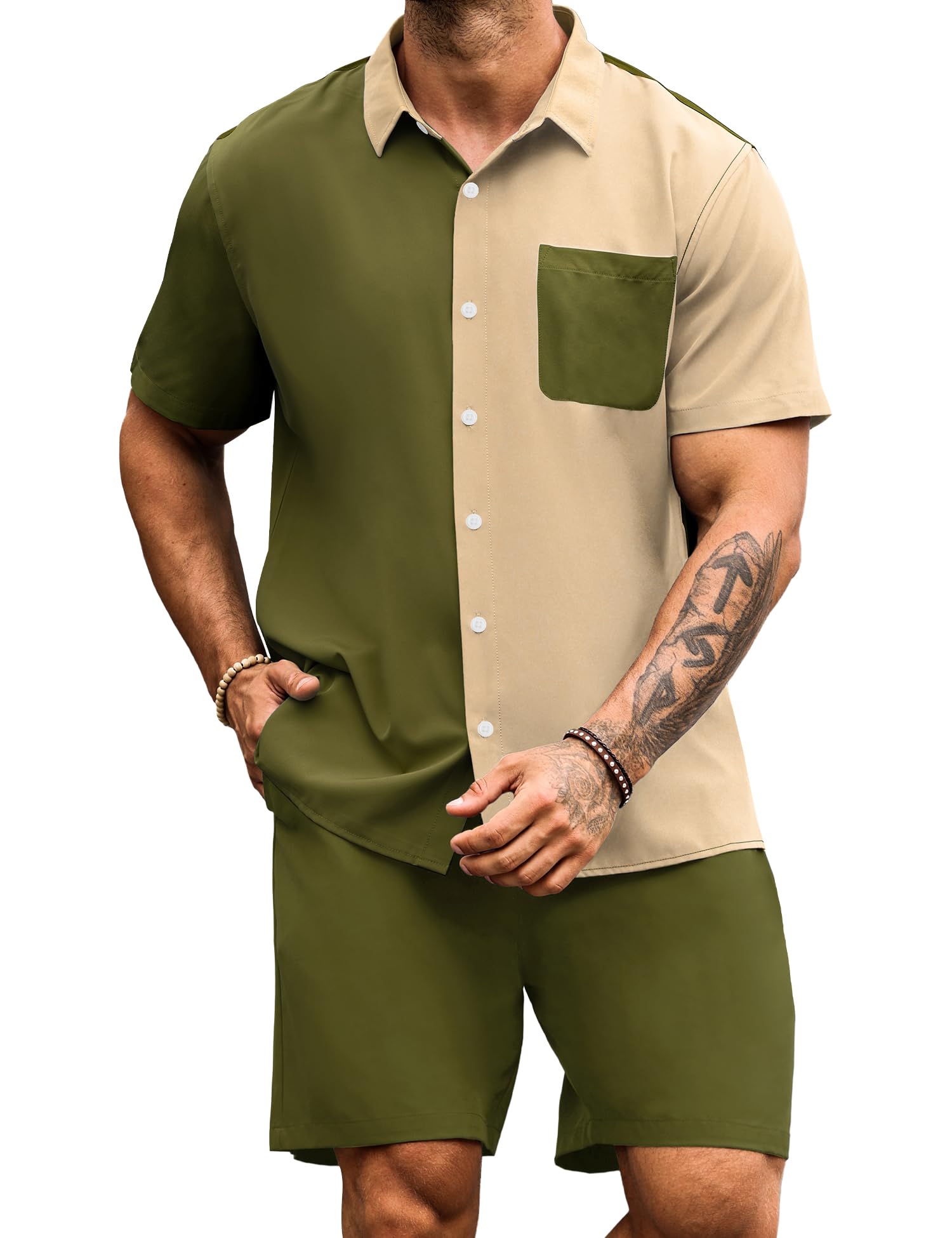 LecGeeMen Summer Casual Short Sets Contrast Short Sleeve Button Down Shirt and Shorts Set 2 Piece Outfits Tracksuit