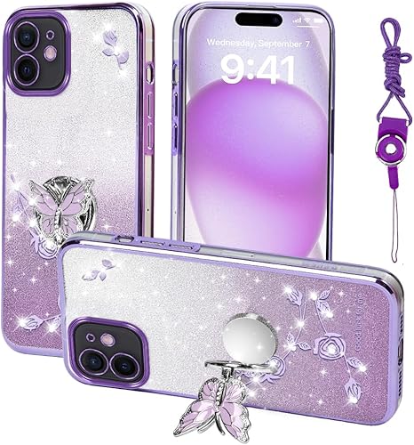 Miniatura 18 de Funda protectora para Apple iPhone 14 (6.1 pulgadas), para mujeres y niñas, funda protectora de TPU con diseño floral de mariposa con purpurina y