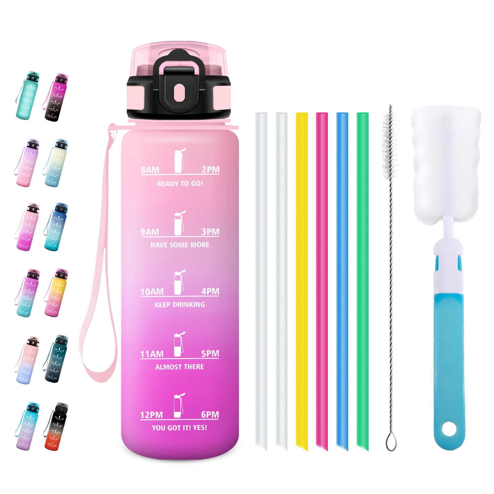 JAPORIA Leak-Proof Drinking Bottle, 1 Litre, Sports Bottle with Straw and Time Marking, Suitable for Carbonated Drinks, Perfect for Hiking, Cycling Tours, Yoga