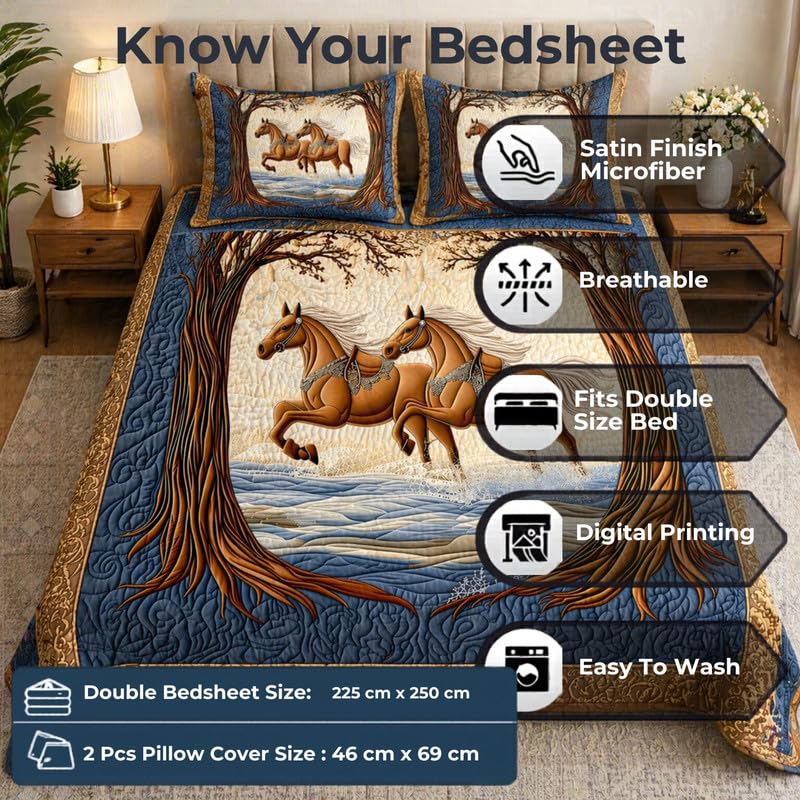 Image of Akshya Double Bedsheet King Size (90x100 Inch) with 2 Pillow Covers | 300 TC Microfiber Soft Bedsheet | Blue Horse Printed Designer Bedsheet for Double Bed