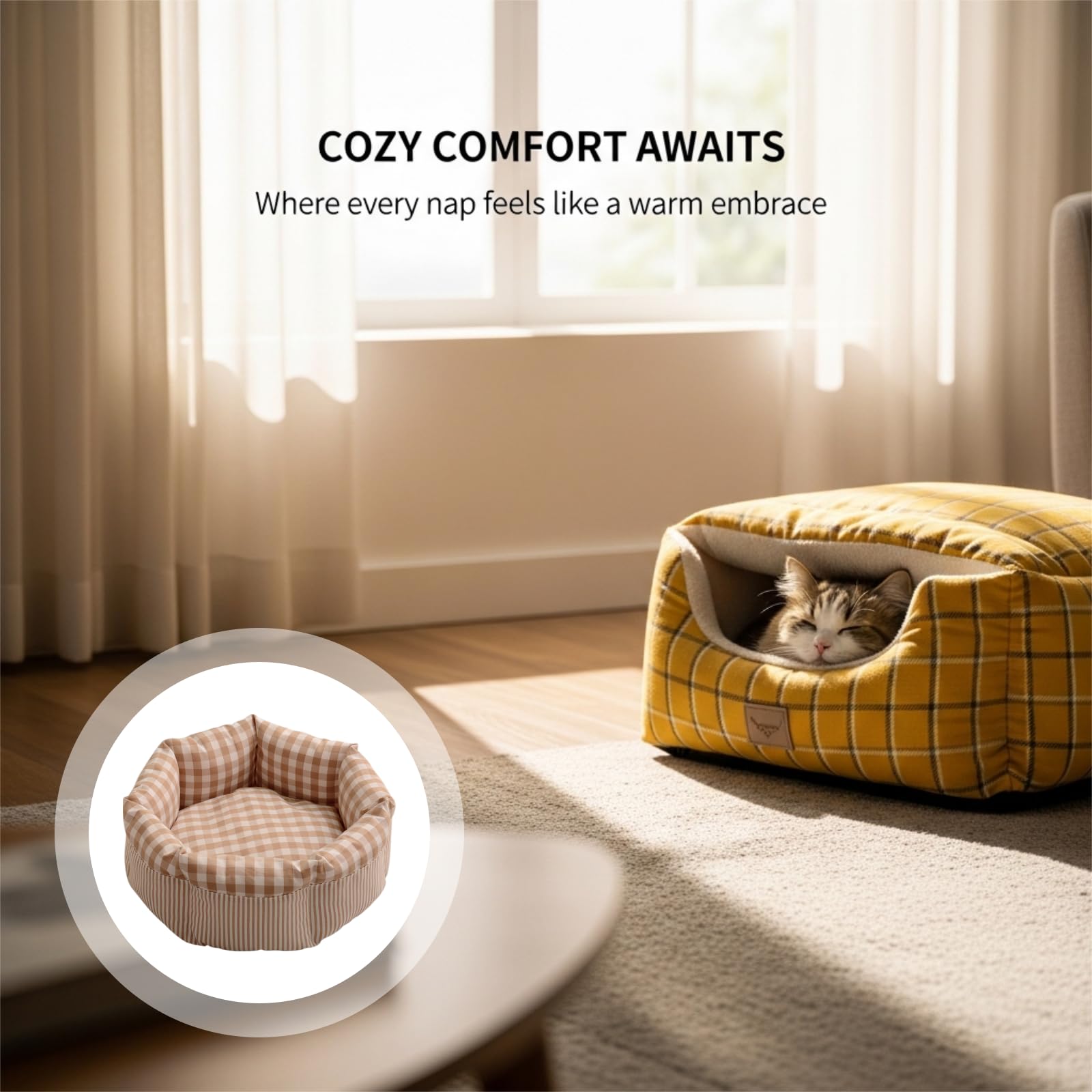 Generisch Cama para gatos y perros pequeños, cama redonda para mascotas con patrón de cuadros amarillos, suave y cómoda para acurrucarse, diseño cerrado con lados altos, 16.5 pulgadas