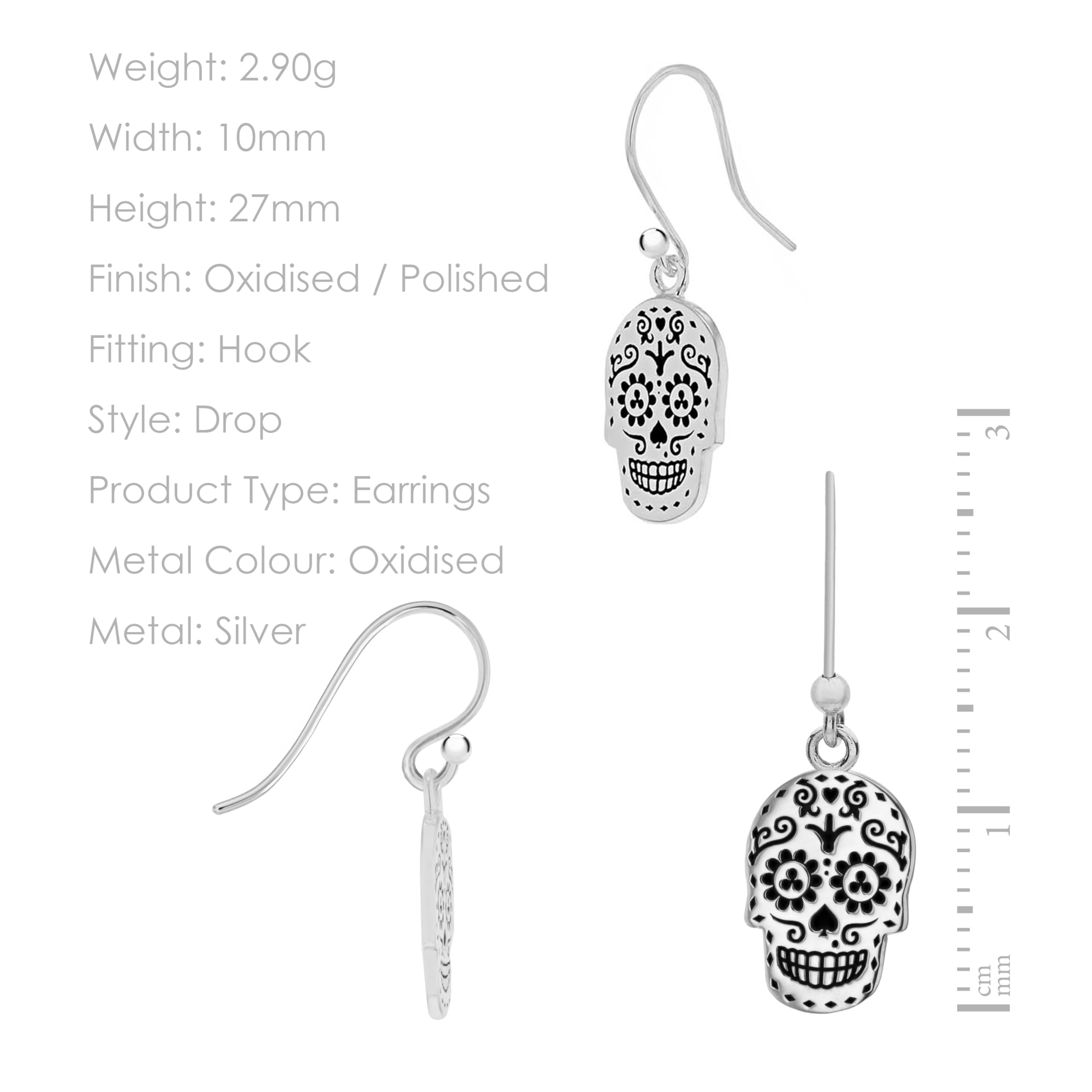 Tuscany Silver Orecchini a goccia teschio a giorno dei morti ossidato da 9.8mm x 27mm in argento sterling per donna