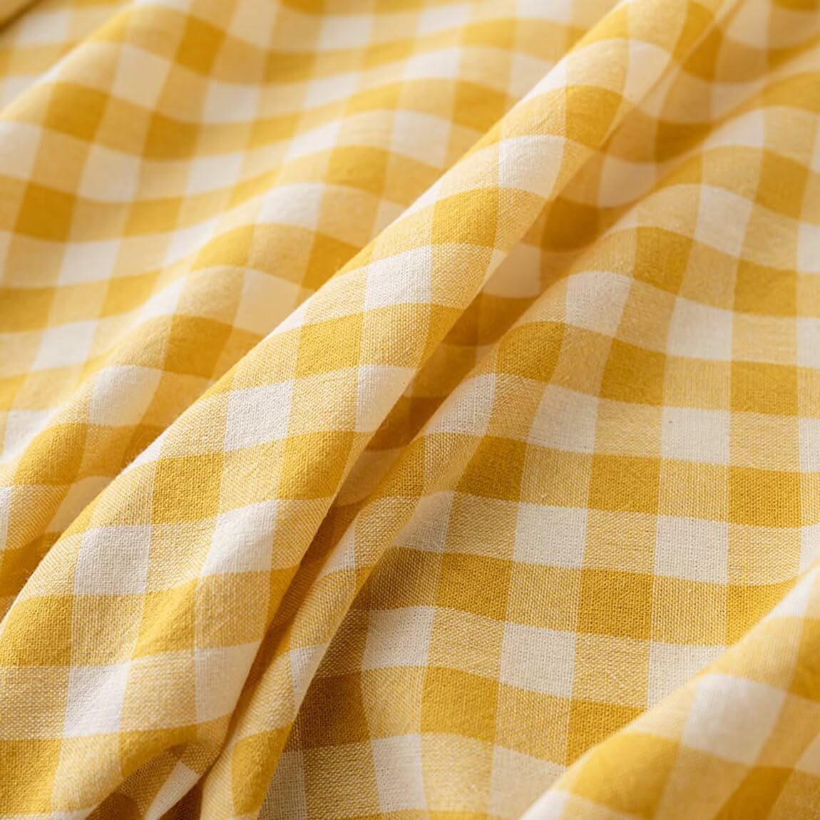 Yellow Gingham Fitted Sheet Queen Only Washed Cotton White Checkered Plaid Bottom Sheet Deep Pocket up to 16 Inch,Soft,Breathable,Easy Care