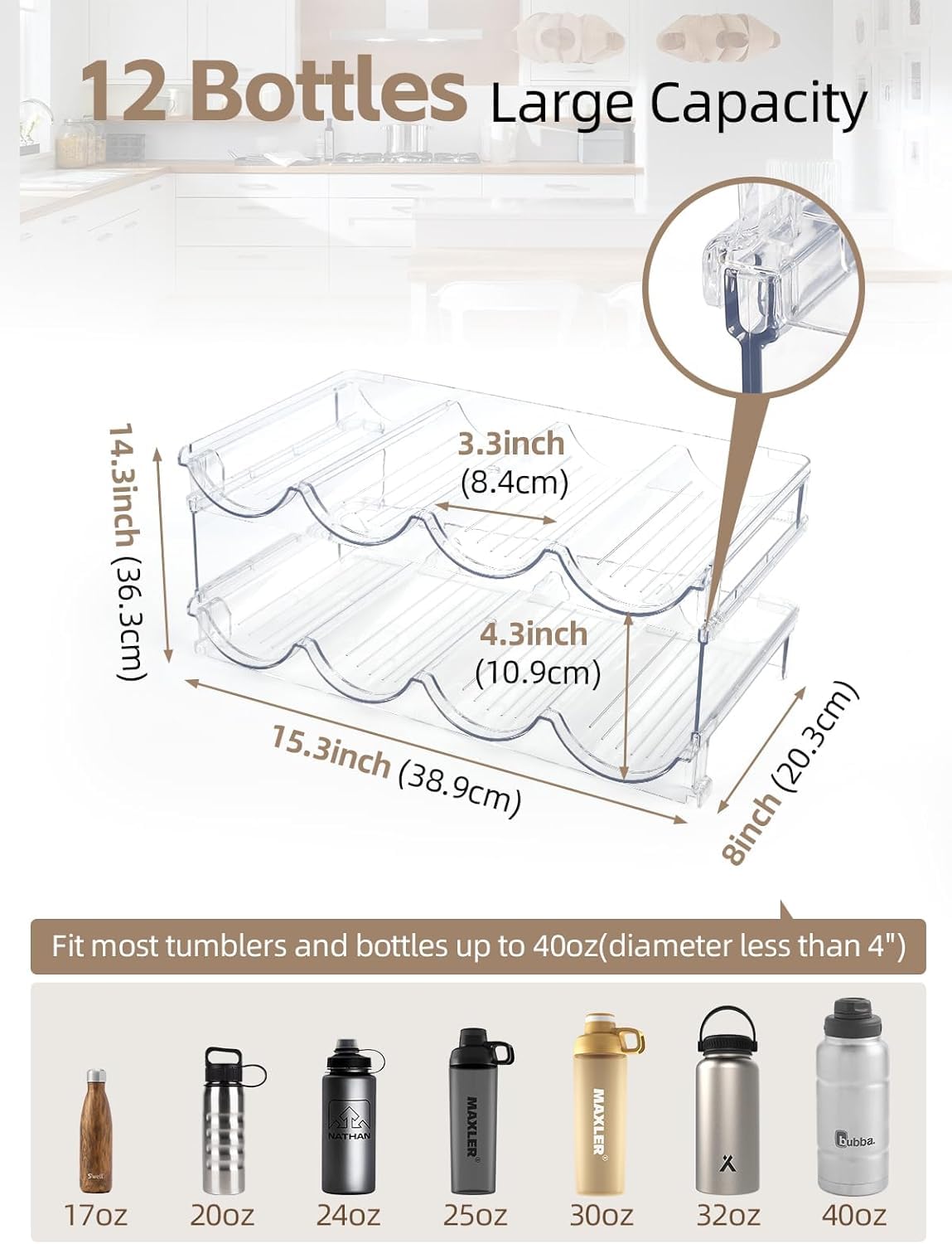 Soporte apilable para botellas de vino para nevera, gabinete, despensa, juego de 2, cada estante tiene capacidad para 4 botellas, diseño de almacenamiento para encimera de cocina, ahorro de espacio