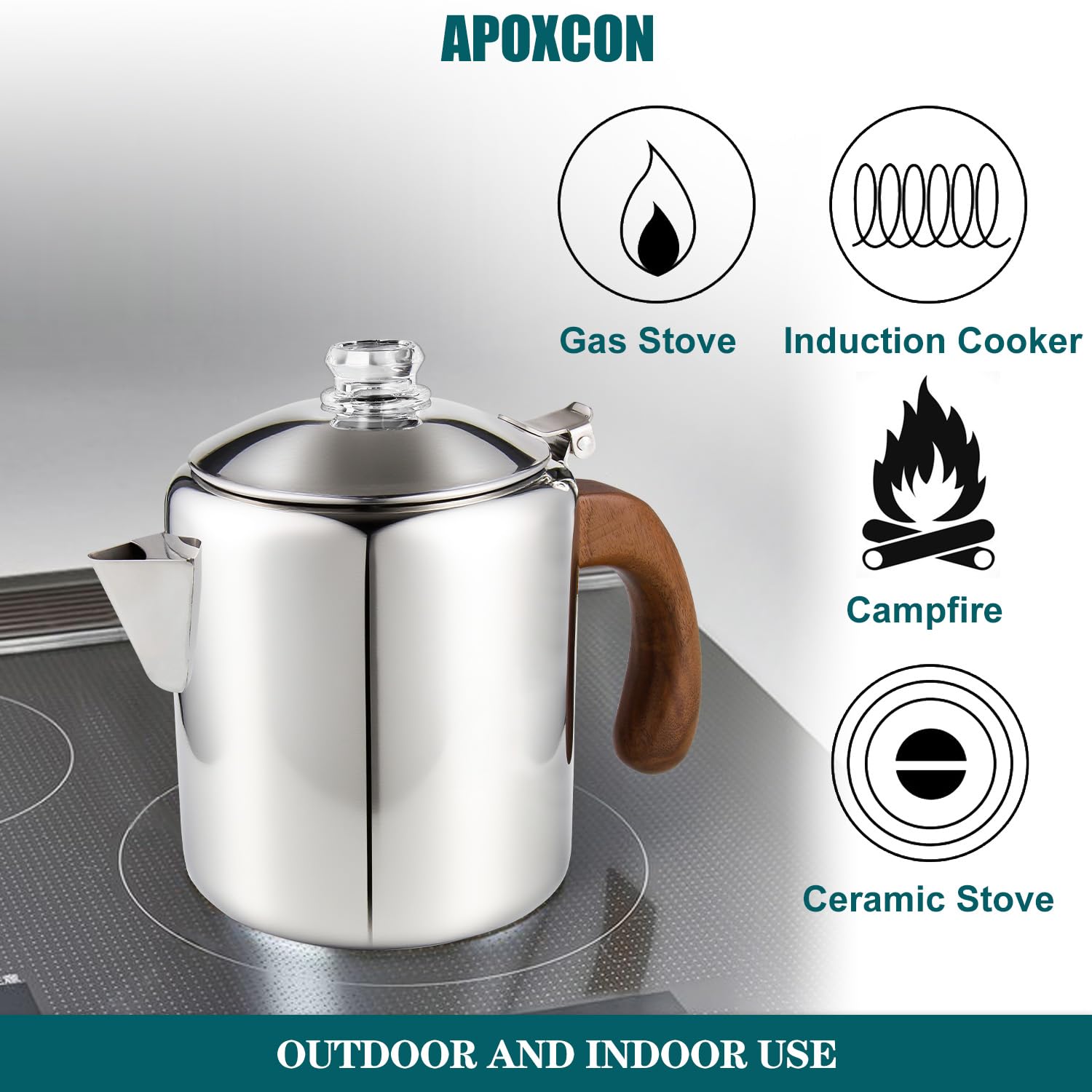 APOXCON Percolateur à café en acier inoxydable avec poignée en bois massif ignifuge et bouton de progression en verre transparent résistant pour le camping, utilisation sur n'importe quelle cuisinière