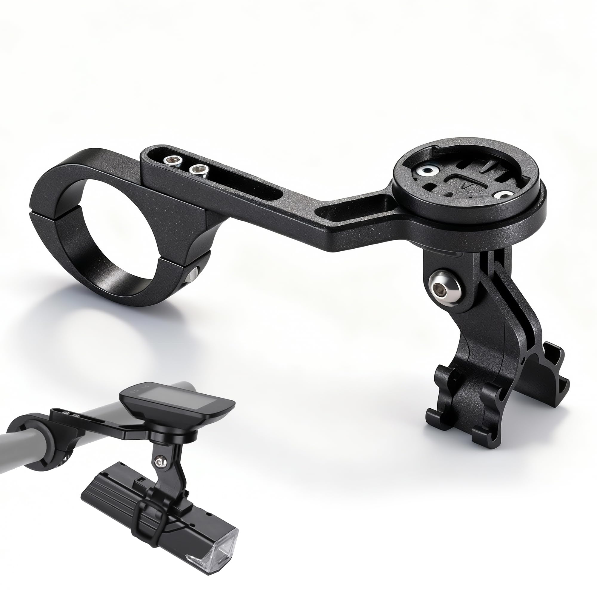 Przedni uchwyt rowerowy kompatybilny z Garmin i Bryton, uchwyt rowerowy do komputera rowerowego z regulowanym uchwytem na światło, uchwyt kierownicy 20-40 mm, czarny
