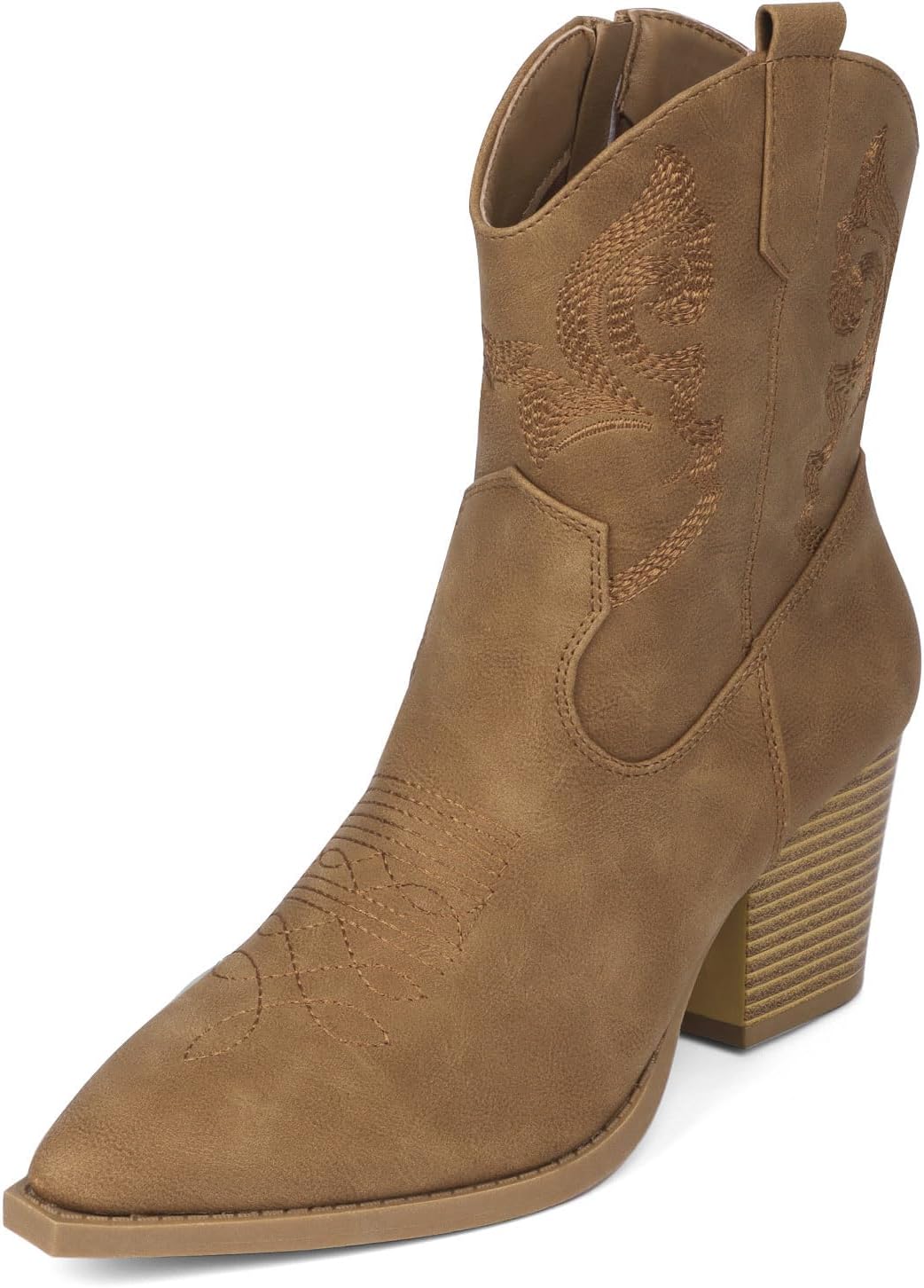 Women Ankle Cowboy Boots Western Cowgirl Boots Pointed Toe Booties Chunky Heel Embroidered Upper Zipper Pull on Ladies Short Boot