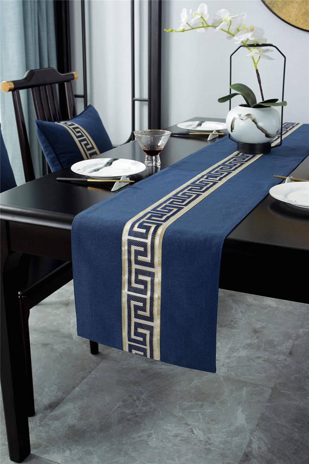 Camino de arpillera Mesa Borde Plano Azul 13 X 149.6 Inches(33 X 380cm) con borlas de para Fiestas cenas Vacaciones Cocina día de Acción de Gracias Navidad