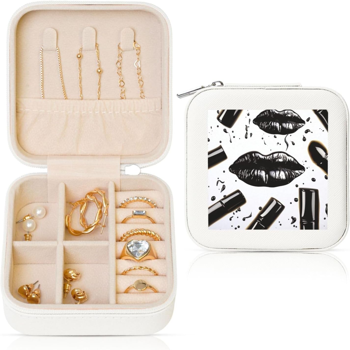Jewelry Box for Women PU Leather Small Jewelry Organizer Box with Zipper Mini Travel Case Cool Black Lipstick Lips Display Storage Holder Boxes for Earrings Rings Necklaces Bracelets