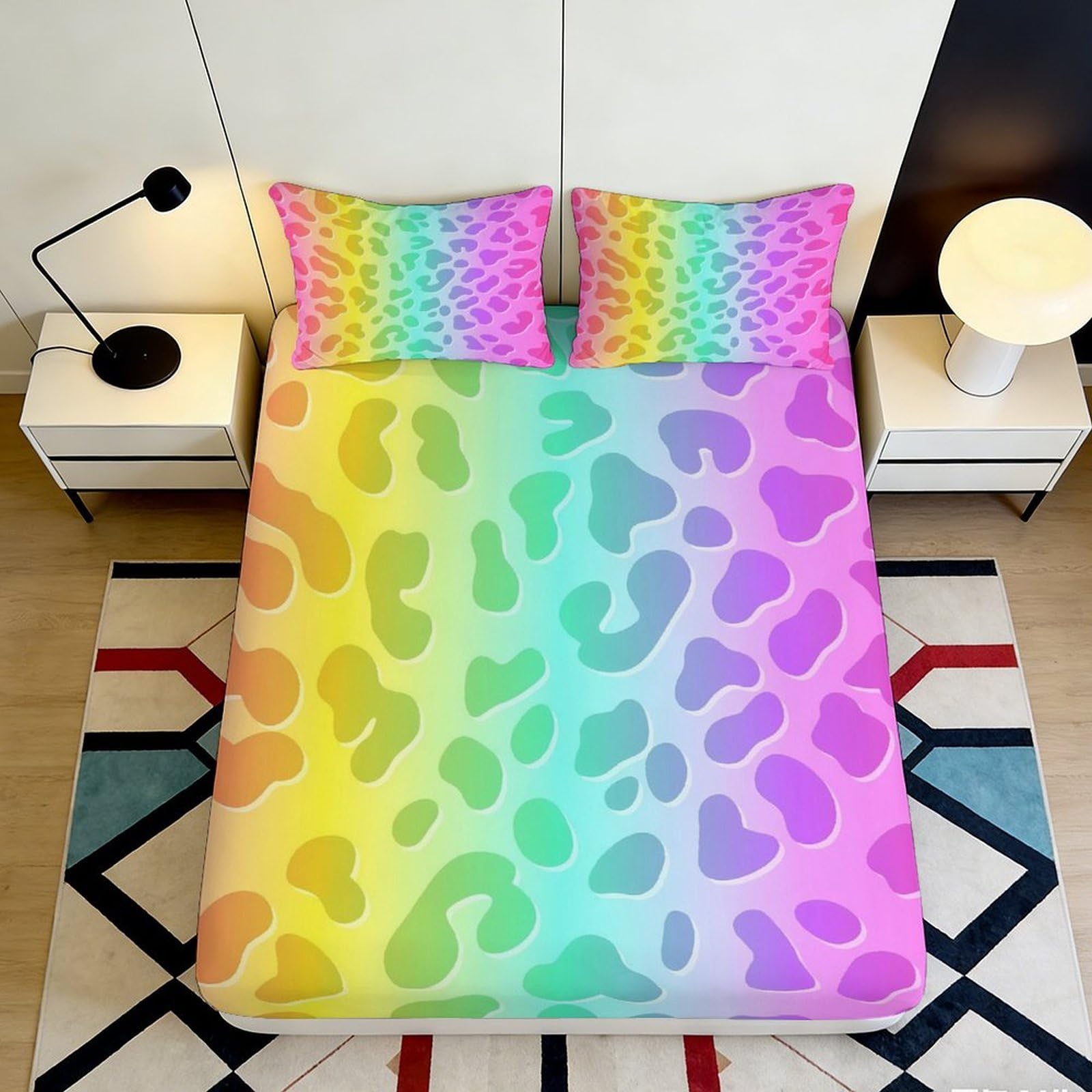 3D Printed Rainbow Leopard Fitted Sheet Microfiber Soft Non-slip Mattress Cover for Bedroom Dorm Guest Room Decor 90x200x25cm
