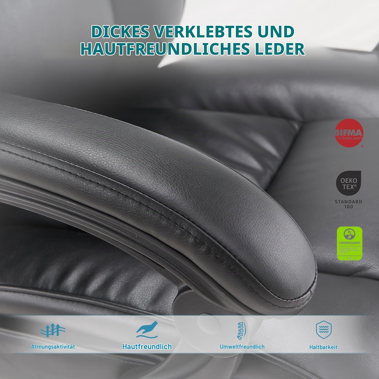 COLAMY Bürostuhl Leder mit Fußstütze, Ergonomischer Chefsessel für Homeoffice – Hohe Rückenlehne, 90–135° Neigefunktion, Gepolsterte Armlehnen, Office Chair mit Lendenkissen, Schwarz
