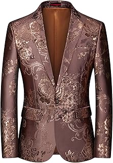 Mens Notched Lapel Dress Floral Suit Luxury Printed Slim Fit Stylish Blazer Casual Single Breasted Wedding Jacket (Brown,X-Large)