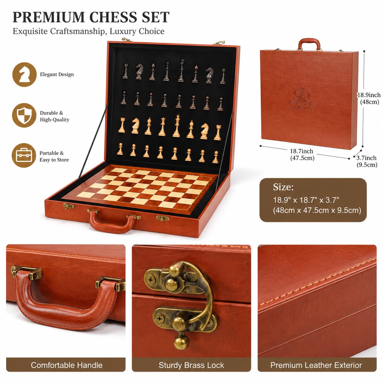 Luxuriöses Schach-Set aus Holz mit Premium-Leder-Aufbewahrungskoffer, 43,2 cm Schachbrett, handgefertigte Staunton-Steine, tragbares Reise-Schach-Set für Erwachsene und Kinder, für Familienspielabend