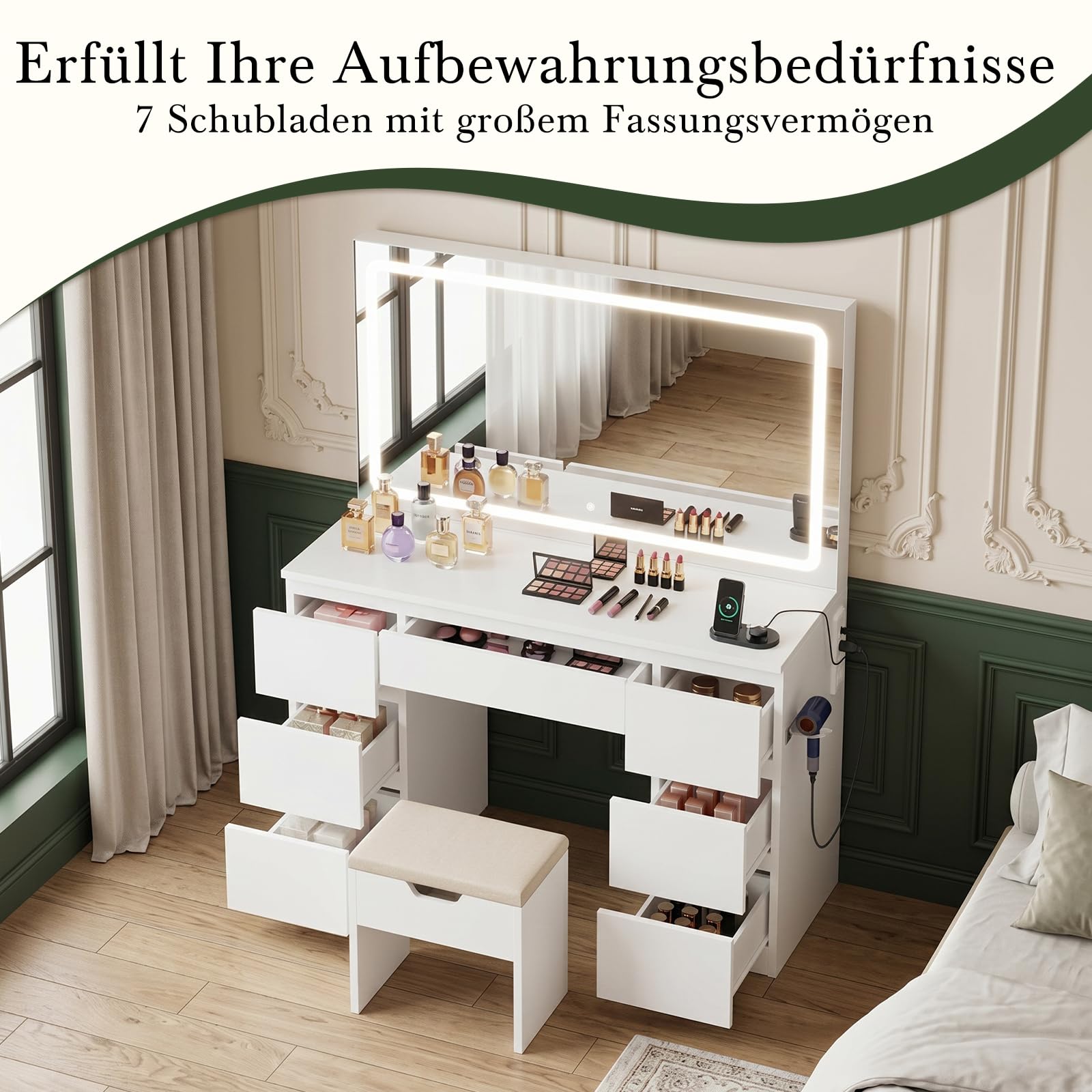 Devoko Schminktisch mit Beleuchtung und Hocker, 115cm Schminktisch mit Spiegel, 7 Schubladen & Steckdose, Moderner Frisiertisch mit LED Licht, Makeup Tisch mit Stuhl, Weiß